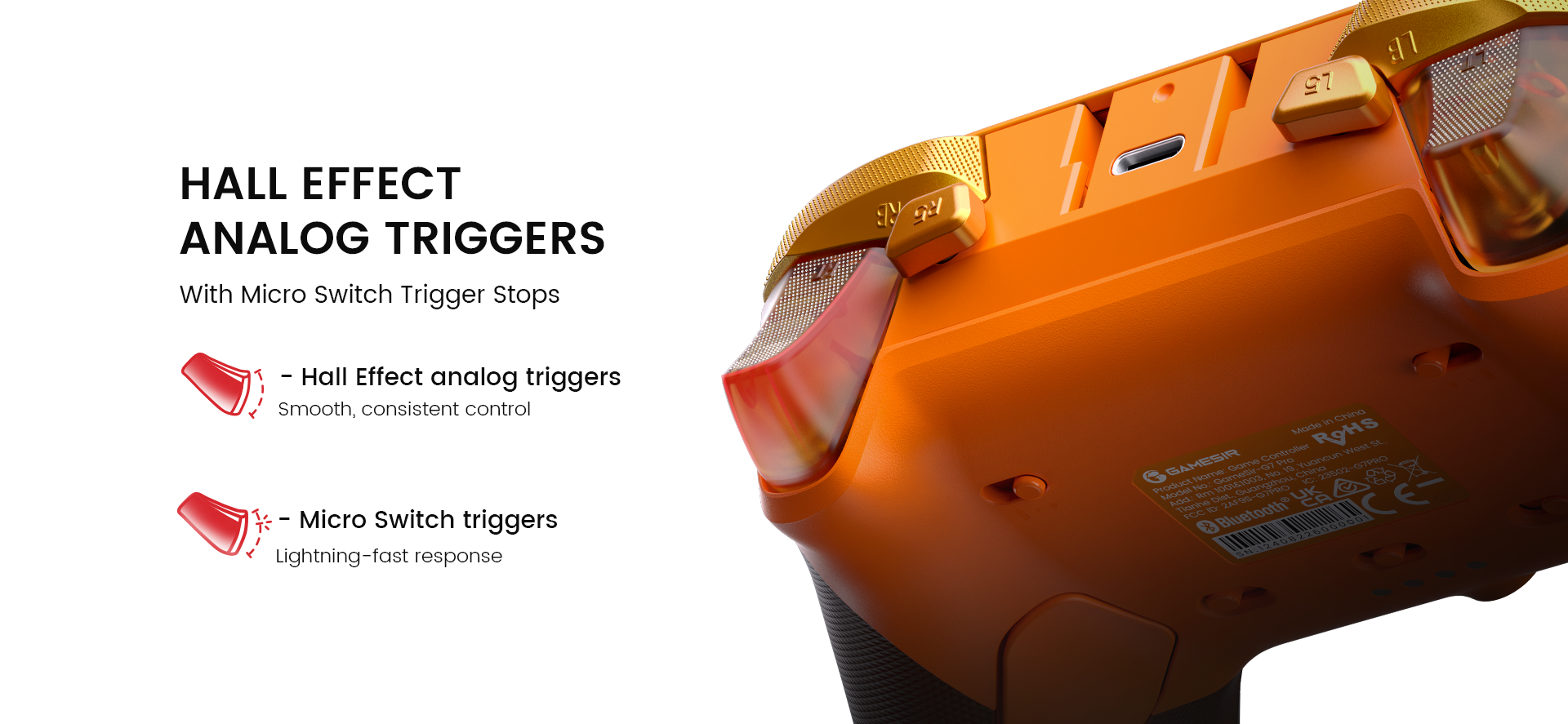 GameSir G7 Pro features Hall Effect analog triggers for smooth, precise control, along with micro switch trigger stops for lightning-fast response in competitive gaming.