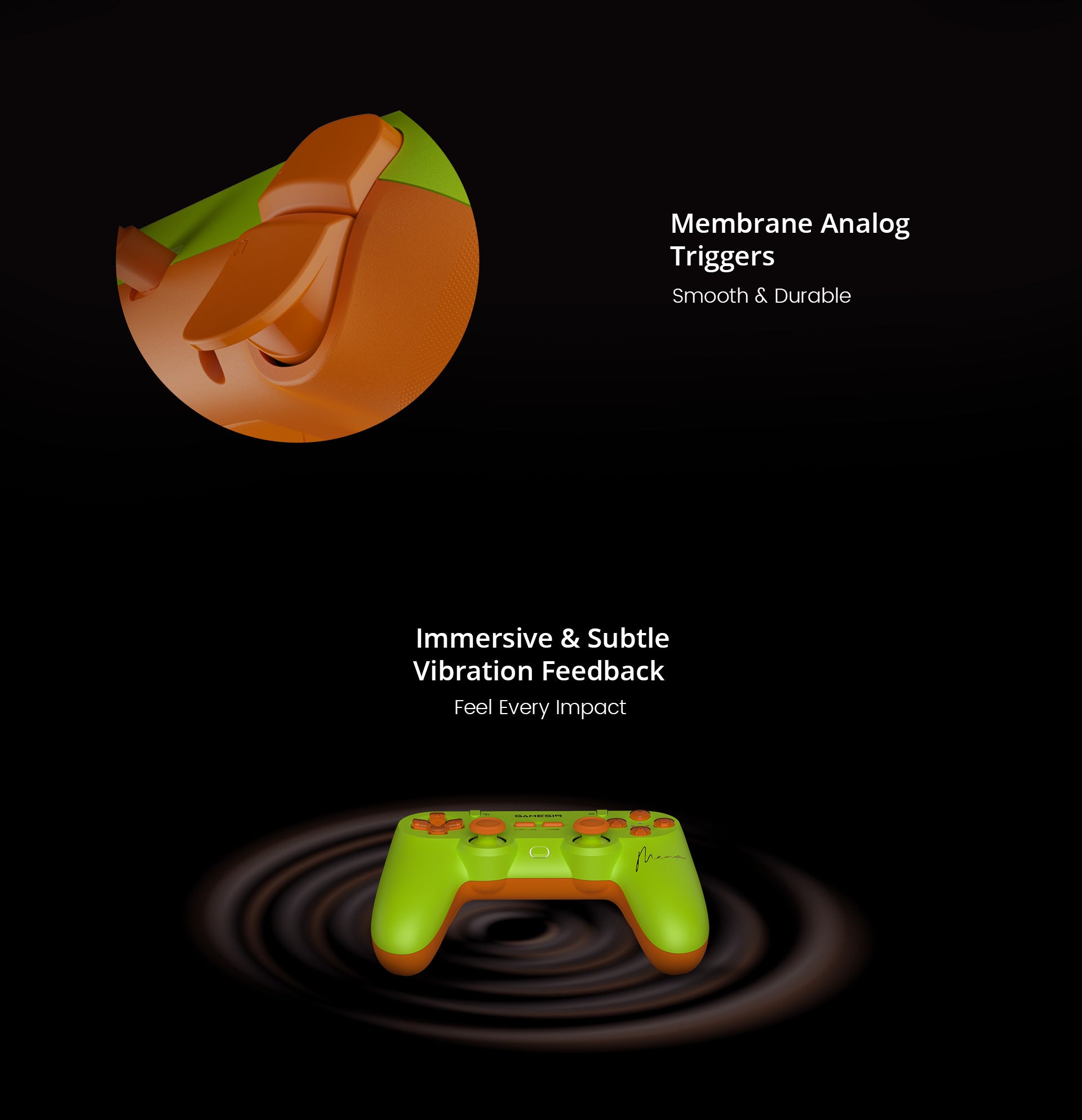 GameSir Tegenaria Lite (MenaRD Collaboration Edition), focusing on how the controller translates in-game actions into physical sensations.1. Membrane Analog TriggersThe Technology: Unlike 