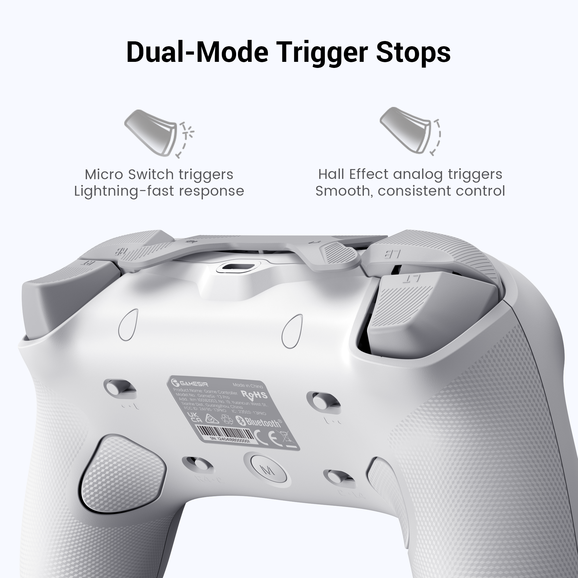 Dual-Mode Trigger Stops, a standout hardware feature of the GameSir Tarantula Pro for Xbox.This system allows players to physically modify the behavior of the LT and RT triggers to suit different gaming genres on the fly. Here is a technical breakdown of the two modes:1. Hall Effect Analog Mode (Smooth Control)The Technology: This mode utilizes magnetic Hall Effect sensors to detect the precise position of the trigger throughout its entire pull.The Feel: It provides smooth, consistent control with a full travel distance (typically an analog range from 0 to 255).Best For: Games where pressure sensitivity is vital, such as racing games (for throttle and brake modulation) or action-adventure titles where you might need to gradually draw a bow or charge a magical attack.2. Micro Switch Mode (Lightning-Fast Response)The Technology: By flipping the physical switches on the back of the controller, the trigger travel is mechanically shortened. This engages a tactile Micro Switch—the same high-speed 