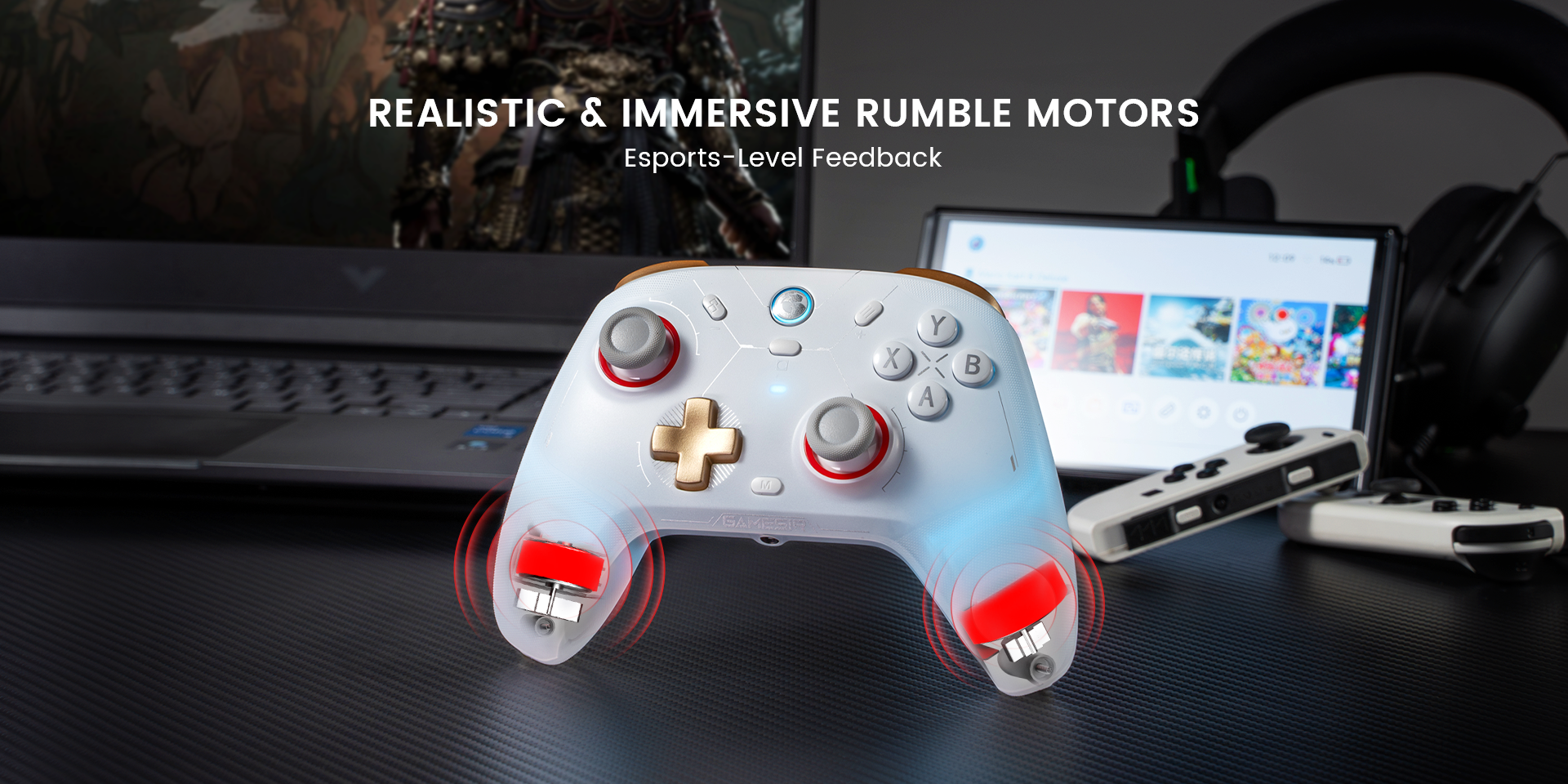 Dual rumble motors deliver realistic and immersive vibration, brings esports-level feedback