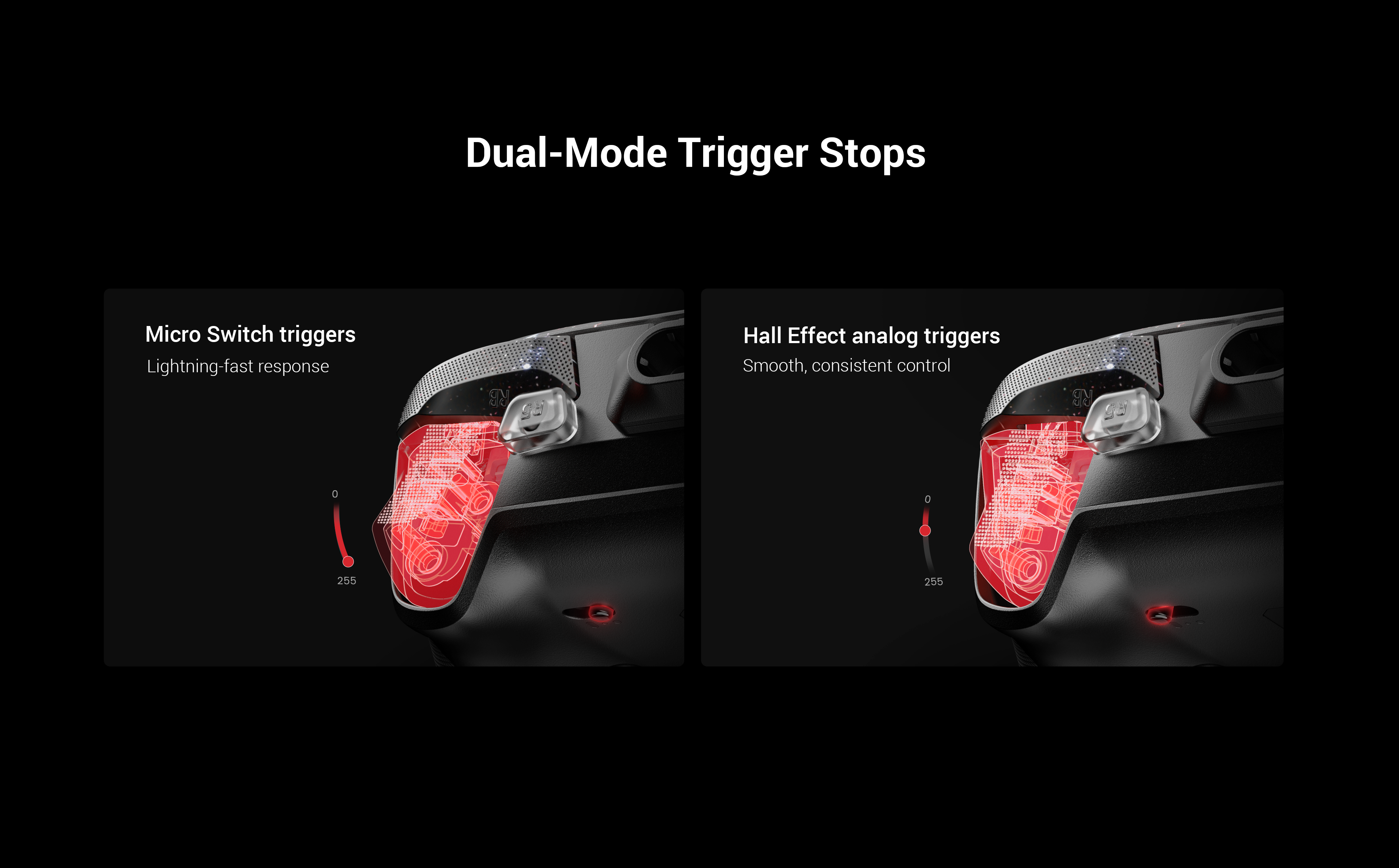GameSir G7 Pro 8K PC Royal2 Edition Dual-Mode Trigger Stops The G7 Pro 8K PC Royal2 Edition features dual-mode trigger stops, letting you switch effortlessly between Hall Effect analog triggers and micro switch triggers. Precision-tuned Hall Effect analog triggers deliver smooth, linear input for accurate control, while clicky micro switch triggers provide instant response. Whether you need precise linear control or ultimate responsiveness, it gives you the competitive edge.