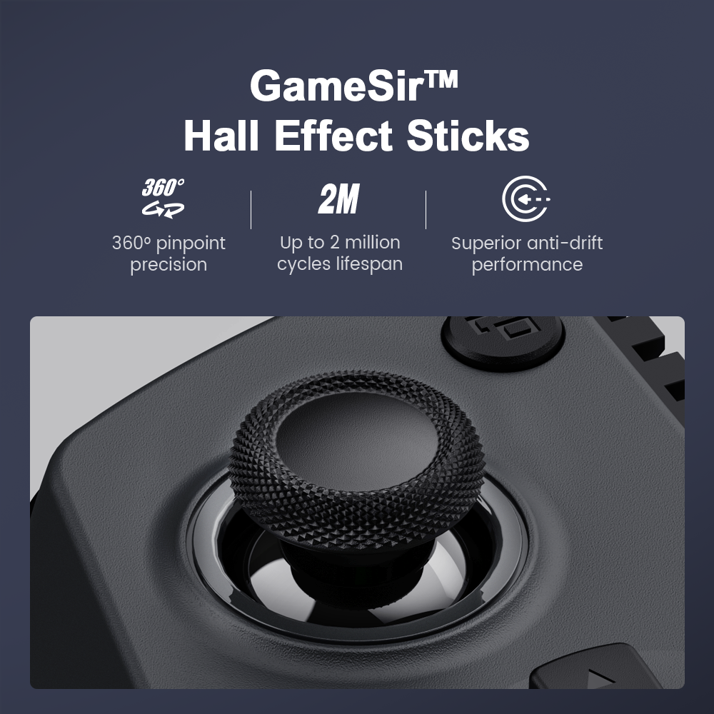 The game controller features GameSir™ Hall Effect sticks, delivering up to 2 million cycles of durability, 360° pinpoint precision, and superior anti-drift performance.