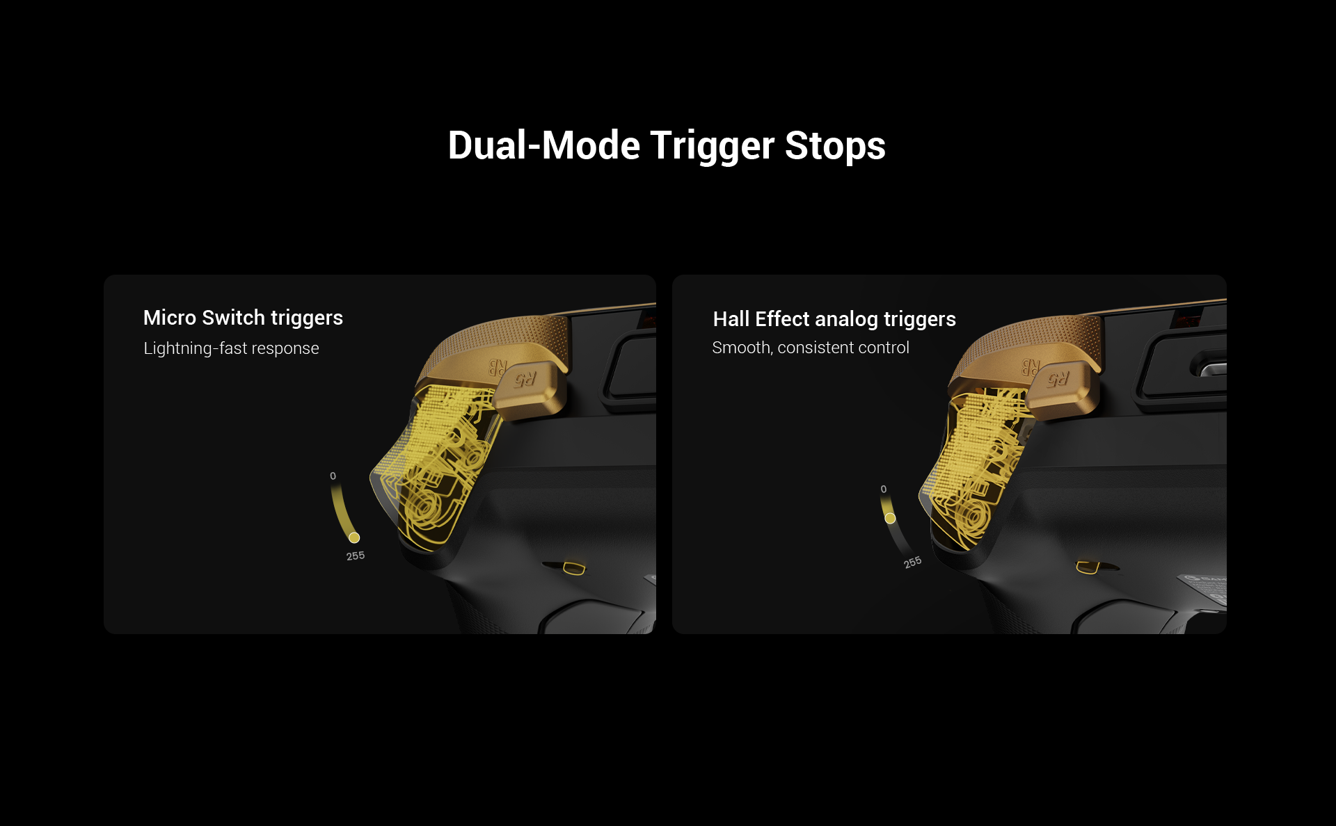 Dual-Mode Trigger Stops, a key hardware feature of the GameSir G7 Pro 8K PC Champion Edition.By using physical switches on the back of the controller, players can transform the behavior of the LT and RT triggers to suit different game genres. Here is the technical breakdown:1. Hall Effect Analog Mode (Right Image)The Technology: This mode utilizes Hall Effect magnetic sensors that detect the position of the trigger without any physical contact inside the mechanism.The Feel: It provides smooth, consistent control with a full travel distance.The Precision: As shown by the 