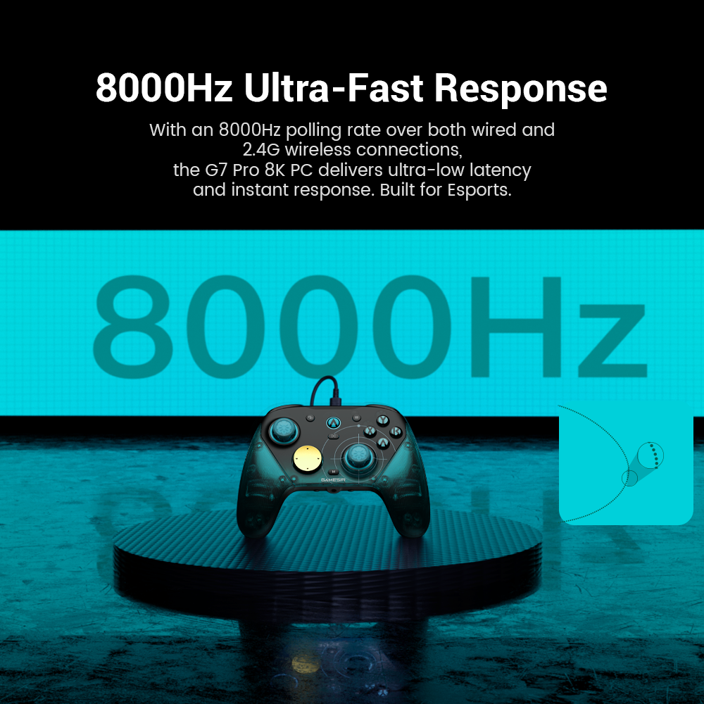 GameSir G7 Pro 8K PC - Aimlabs Edition game controller. Dominate the leaderboard with unmatched speed and pinpoint accuracy. Experience lightning-fast response times with our 8000Hz polling rate and ultra-smooth aiming via 4096 levels of joystick resolution. Powered by an industrial-grade 12-bit ADC chip, every move you make is translated with absolute precision. Best of all, this isn't just about performance—it’s about endurance. With a 5-million-cycle high-durability lifespan, this controller is built to be the last one you'll ever need.