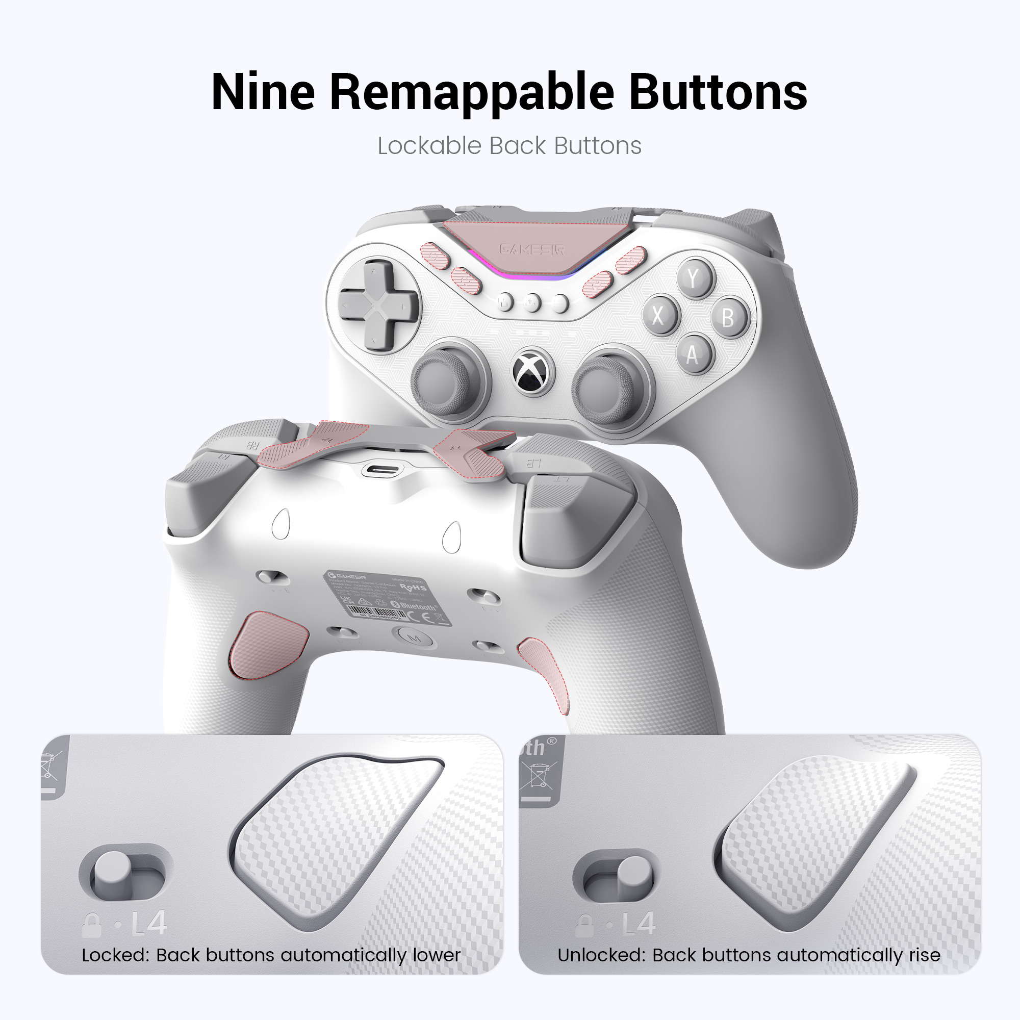 e GameSir Tarantula Pro for Xbox.These features are designed to give competitive players surgical control over their layout and prevent accidental inputs. Here is the technical breakdown:1. Nine Remappable ButtonsThe controller offers a massive array of programmable inputs beyond the standard Xbox layout, allowing players to keep their thumbs on the sticks at all times:Physical Layout:Two Back Buttons: Large ergonomic paddles on the rear grips.Two Top Mini-Bumpers: Located on the shoulder between the standard triggers and bumpers.Five Extra Front Buttons: A specialized cluster of buttons on the face of the controller (positioned around the center and ABXY area) for quick thumb access.Remapping: Through the GameSir Nexus software (on Xbox or PC), every one of these nine buttons can be reassigned to any other controller function or complex macros.2. Lockable Back Buttons (Retractable Mechanism)This is a unique mechanical feature found in the Tarantula series that solves the common problem of accidental back-button presses:Locked Mode: When you slide the physical toggle switch to the 