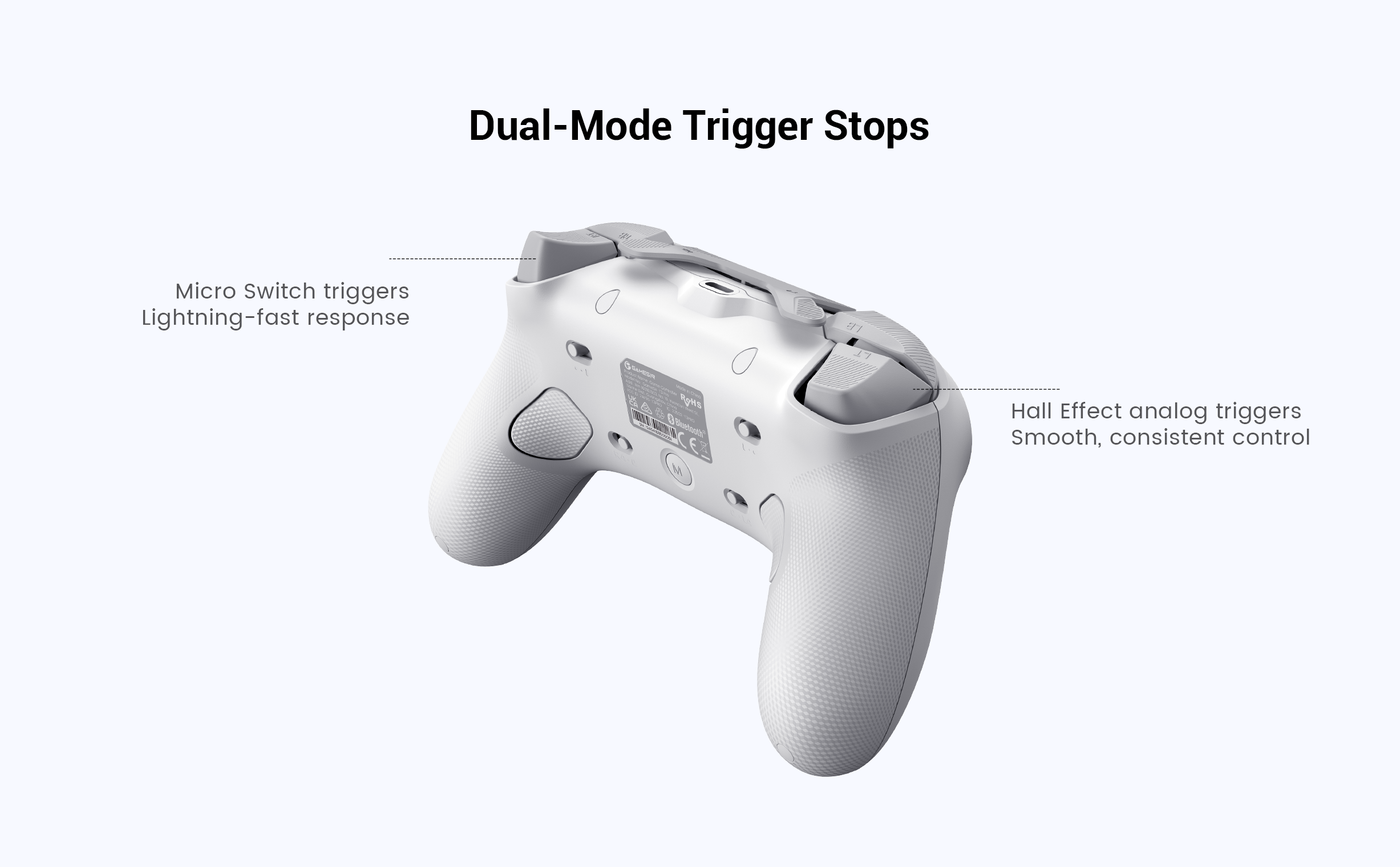 Dual-Mode Trigger Stops, a standout hardware feature of the GameSir Tarantula Pro for Xbox.This system allows players to physically modify the behavior of the LT and RT triggers to suit different gaming genres on the fly. Here is a technical breakdown of the two modes:1. Hall Effect Analog Mode (Smooth Control)The Technology: This mode utilizes magnetic Hall Effect sensors to detect the precise position of the trigger throughout its entire pull.The Feel: It provides smooth, consistent control with a full travel distance (typically an analog range from 0 to 255).Best For: Games where pressure sensitivity is vital, such as racing games (for throttle and brake modulation) or action-adventure titles where you might need to gradually draw a bow or charge a magical attack.2. Micro Switch Mode (Lightning-Fast Response)The Technology: By flipping the physical switches on the back of the controller, the trigger travel is mechanically shortened. This engages a tactile Micro Switch—the same high-speed 
