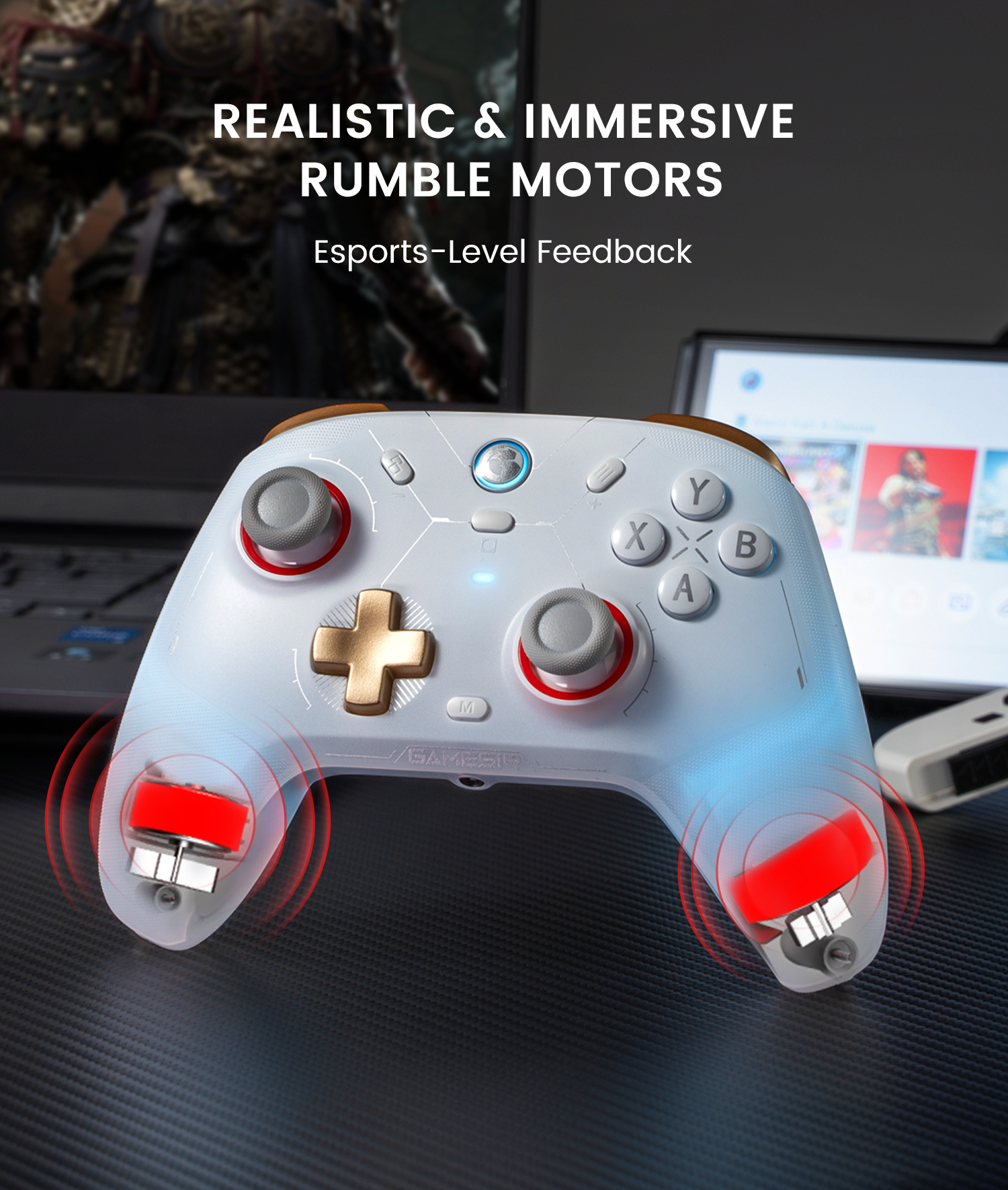 Dual rumble motors deliver realistic and immersive vibration, brings esports-level feedback