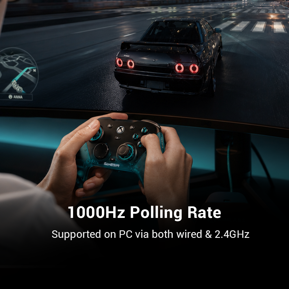 1000Hz polling rate on PC via both wired & 2.4G connectionsExperience ultra-responsive gaming with a 1000Hz polling rate on PC, available through both wired and 2.4G wireless connections. This ensures instantaneous input registration, reducing lag and optimizing your performance for the most competitive gameplay.