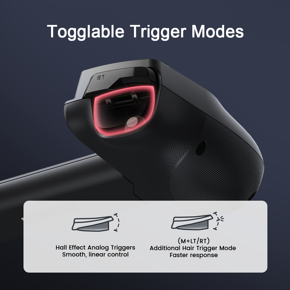 The GameSir X5s game controller features togglable trigger modes equipped with precision-tuned Hall Effect analog triggers for unparalleled smoothness and responsiveness. Gamers can easily activate hair trigger mode by pressing M+LT/RT, allowing for a seamless switch between precise linear control and ultimate responsiveness to gain a competitive edge.