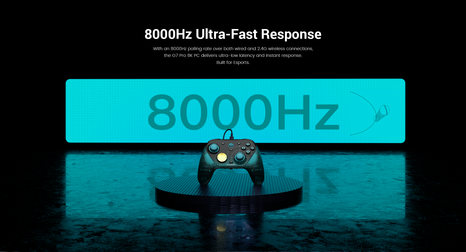 GameSir G7 Pro 8K PC - Aimlabs Edition game controller. Dominate the leaderboard with unmatched speed and pinpoint accuracy. Experience lightning-fast response times with our 8000Hz polling rate and ultra-smooth aiming via 4096 levels of joystick resolution. Powered by an industrial-grade 12-bit ADC chip, every move you make is translated with absolute precision. Best of all, this isn't just about performance—it’s about endurance. With a 5-million-cycle high-durability lifespan, this controller is built to be the last one you'll ever need.