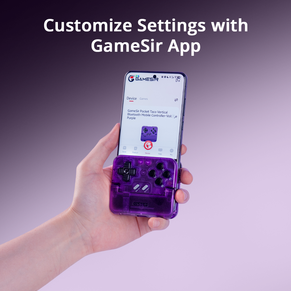 Software Integration of the GameSir Pocket Taco, specifically  interacts with the official GameSir App.1. Software Customization & MonitoringGameSir App Integration: The controller is fully compatible with the GameSir App, acting as a central hub for personalization.Device Status: The app provides real-time monitoring of the controller, including accurate battery percentage (e.g., 78% as shown) and current firmware version.Advanced Mapping: Players can use the app to remap buttons, set up turbo functions, and adjust D-pad sensitivity (such as locking diagonals for cleaner retro movement).2. Hardware & Button MechanicsTactile Switch Triggers & Bumpers: The shoulder buttons (L1/L2, R1/R2) use tactile switches for a modern, clicky response.Cushioned Membrane ABXY & D-pad: The face buttons use classic membrane technology to replicate the soft, nostalgic feel of retro handhelds like the Game Boy.Soft Silicone Pads: The interior of the clamp features multi-layered silicone padding to securely grip the phone while preventing scratches.3. Portability & Design ConceptVertical Handheld Gaming: Its unique 