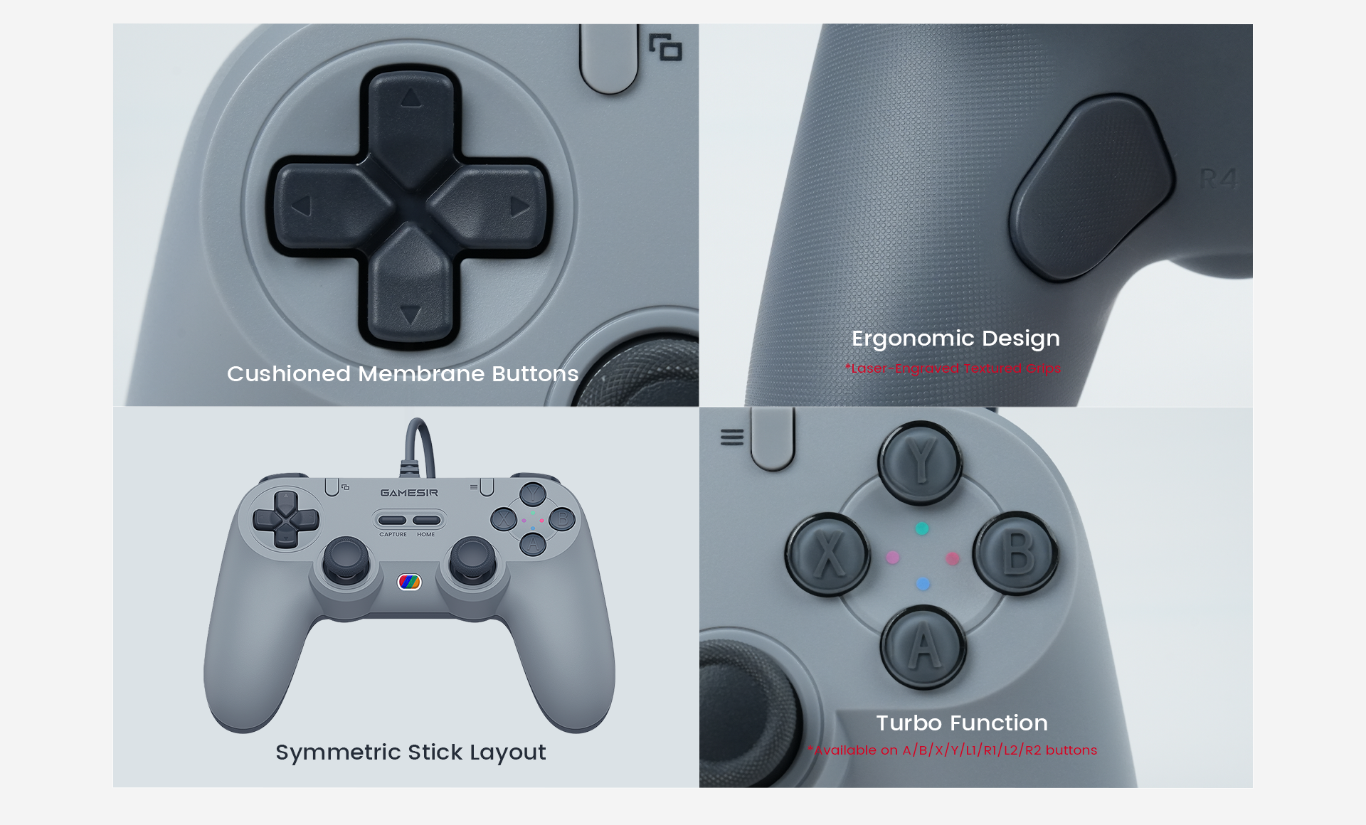 Featuring cushioned membrane buttons for a comfortable tactile feel and a traditional symmetric stick layout for balanced control. The ergonomic design includes laser-engraved textured grips for a secure, non-slip hold during intense gaming sessions. Additionally, the built-in Turbo function is available on A, B, X, Y, L1, R1, L2, and R2 buttons to enhance your gameplay speed and efficiency.