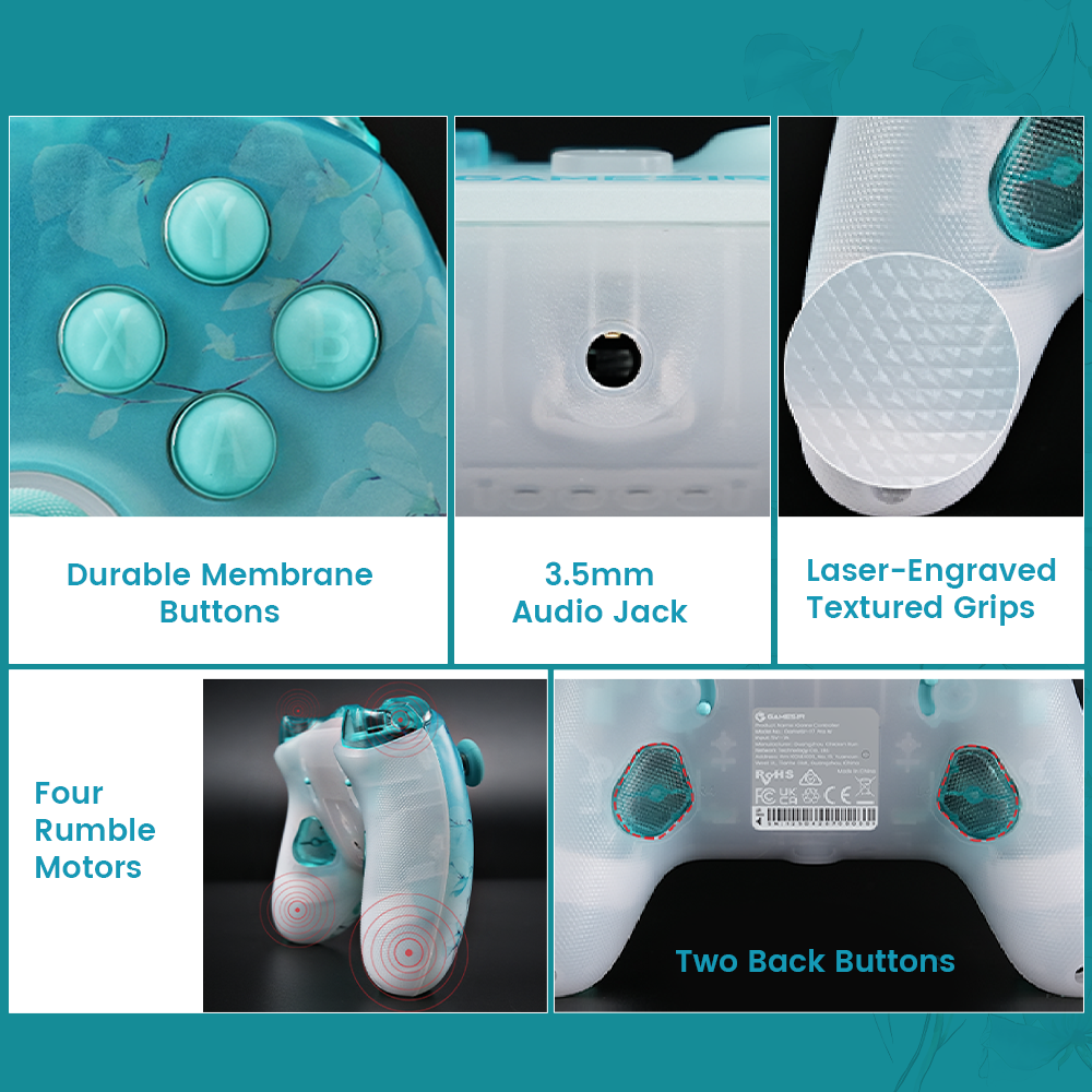 GameSir T7 Pro Floral five features:1. Two Back Buttons,1. Realistic and Subtle Vibration1. 3.5mm Headphone Jack 1.Durable Membrane Buttons, 2.3.5mm Audio Jack, 3.Laser-Engraved Textured Grips, 4.Four Membrane Buttons, 5.Two Back Buttons