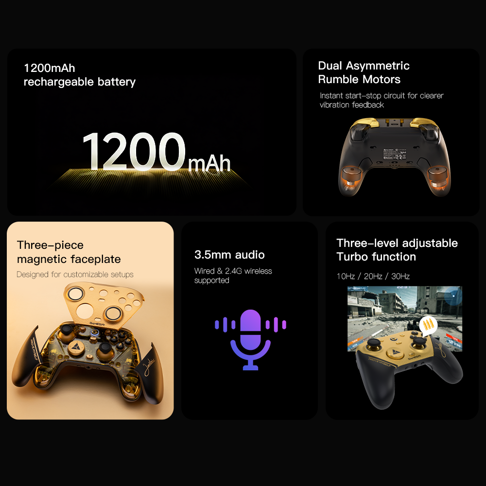 1. 1200mAh Rechargeable BatteryHigh Capacity: The controller is equipped with a large 1200mAh lithium battery.Why it matters: Given that the controller runs a high-performance 8000Hz polling rate, it requires significant power. This large battery ensures long wireless gaming sessions on a single charge without compromising the ultra-fast response speed.2. Dual Asymmetric Rumble MotorsInstant Start-Stop Circuit: Unlike standard controllers where vibration can feel 