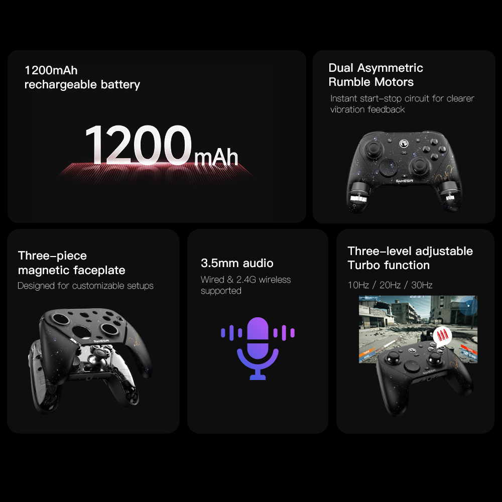 GameSir G7 Pro 8K: The Ultimate Esports Controller1200mAh Rechargeable Battery: High-capacity battery for long-lasting gaming sessions.Dual Asymmetric Rumble Motors: Features an instant start-stop circuit for clearer and more precise vibration feedback.Three-piece Magnetic Faceplate: Designed for easy removal and customizable setups.3.5mm Audio: Supports audio connectivity via both wired and 2.4G wireless modes.Three-level Adjustable Turbo Function: Includes three speed settings: 10Hz, 20Hz, and 30Hz.