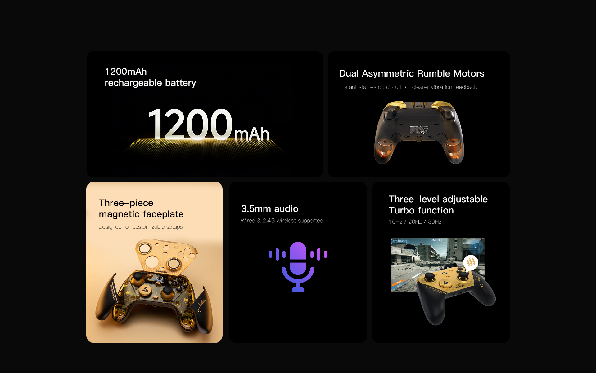 1. 1200mAh Rechargeable BatteryHigh Capacity: The controller is equipped with a large 1200mAh lithium battery.Why it matters: Given that the controller runs a high-performance 8000Hz polling rate, it requires significant power. This large battery ensures long wireless gaming sessions on a single charge without compromising the ultra-fast response speed.2. Dual Asymmetric Rumble MotorsInstant Start-Stop Circuit: Unlike standard controllers where vibration can feel 
