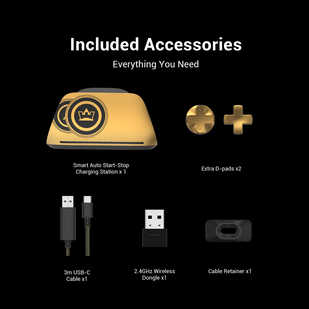 The Included Accessories for the GameSir G7 Pro 8K PC Champion Edition, a flagship wireless esports controller bundle co-created with world fighting game champion XiaoHai.1. Smart Auto Start-Stop Charging Station (x1)Themed Design: This gold-and-black magnetic dock features a crown icon on the front, representing XiaoHai’s status as a champion. It also showcases icons commemorating his 2024 & 2025 EWC (Esports World Cup) victories.Smart Functionality: It features an 