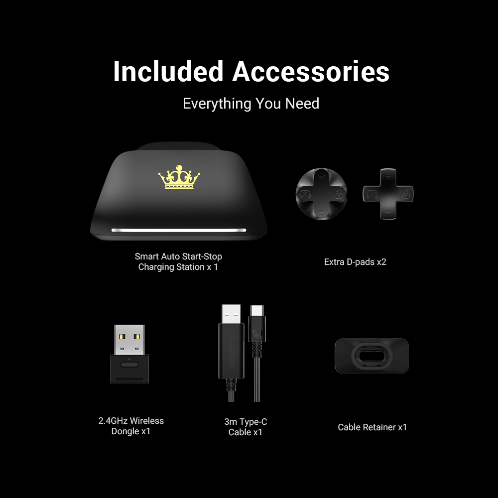 G7 Pro 8K PC Royal2 Edition Power & Utility: A 1200mAh rechargeable battery ensures long sessions, while the three-level adjustable Turbo function (10Hz/20Hz/30Hz) offers rapid-fire versatility.Included Accessories (Everything You Need)1x Smart Auto Start-Stop Charging Station2x Extra D-pads1x 2.4GHz Wireless Dongle1x 3m Type-C Cable1x Cable Retainer