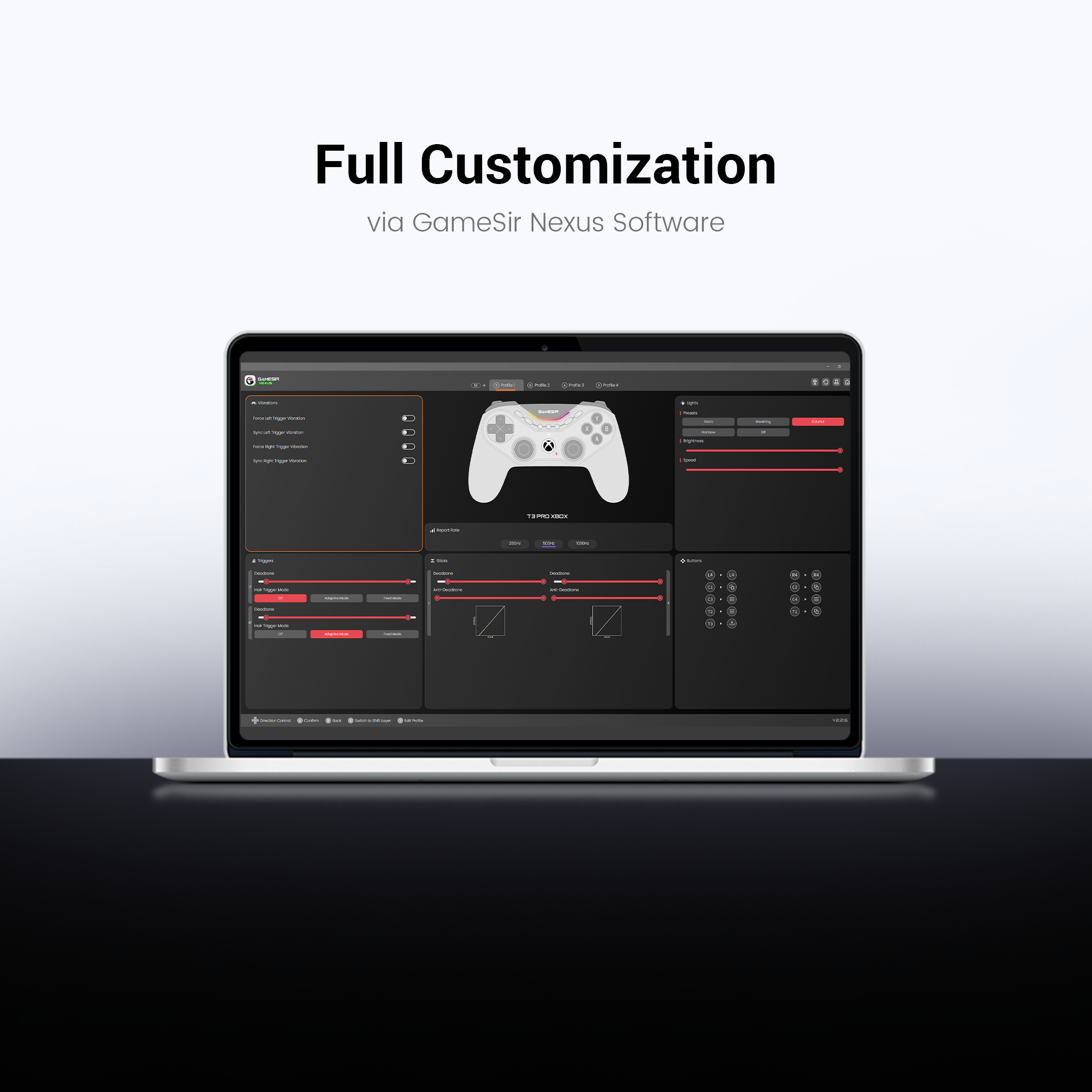 This image illustrates the Full Customization capabilities of the GameSir Tarantula Pro for Xbox via the dedicated GameSir Nexus Software.The software interface shown on the laptop screen allows players to surgically fine-tune the controller’s internal hardware to match their specific playstyle and the demands of different game genres. Key customizable categories include:1. Advanced Haptics (Vibrations)The software provides granular control over the Quad-Motor system. Players can independently adjust the vibration intensity for the left and right grips as well as the left and right triggers, or sync them for a unified tactile feel.2. Trigger PerformanceFor the Hall Effect analog triggers, the software allows for:Deadzone Calibration: Setting the starting and ending points of a trigger pull to prevent accidental inputs.Response Modes: Toggling between 