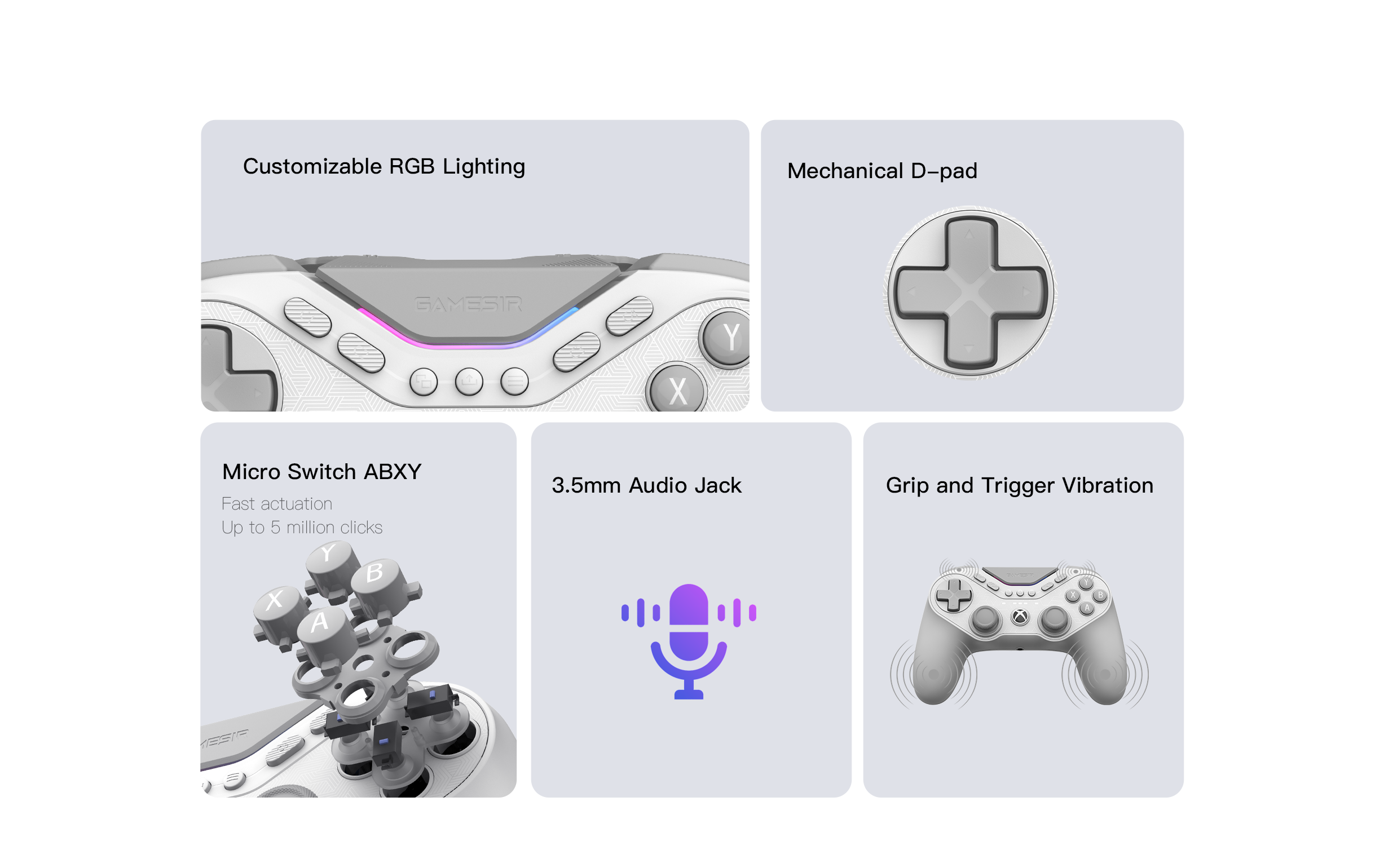 1. Customizable RGB LightingThe controller features a v-shaped dynamic light strip located in the center console. Through the GameSir Nexus software, players can customize colors, brightness, and lighting effects (such as breathing or cycling) to match their gaming setup.2. Mechanical D-padThe directional pad utilizes Mechanical Tactile Switches. Unlike traditional 