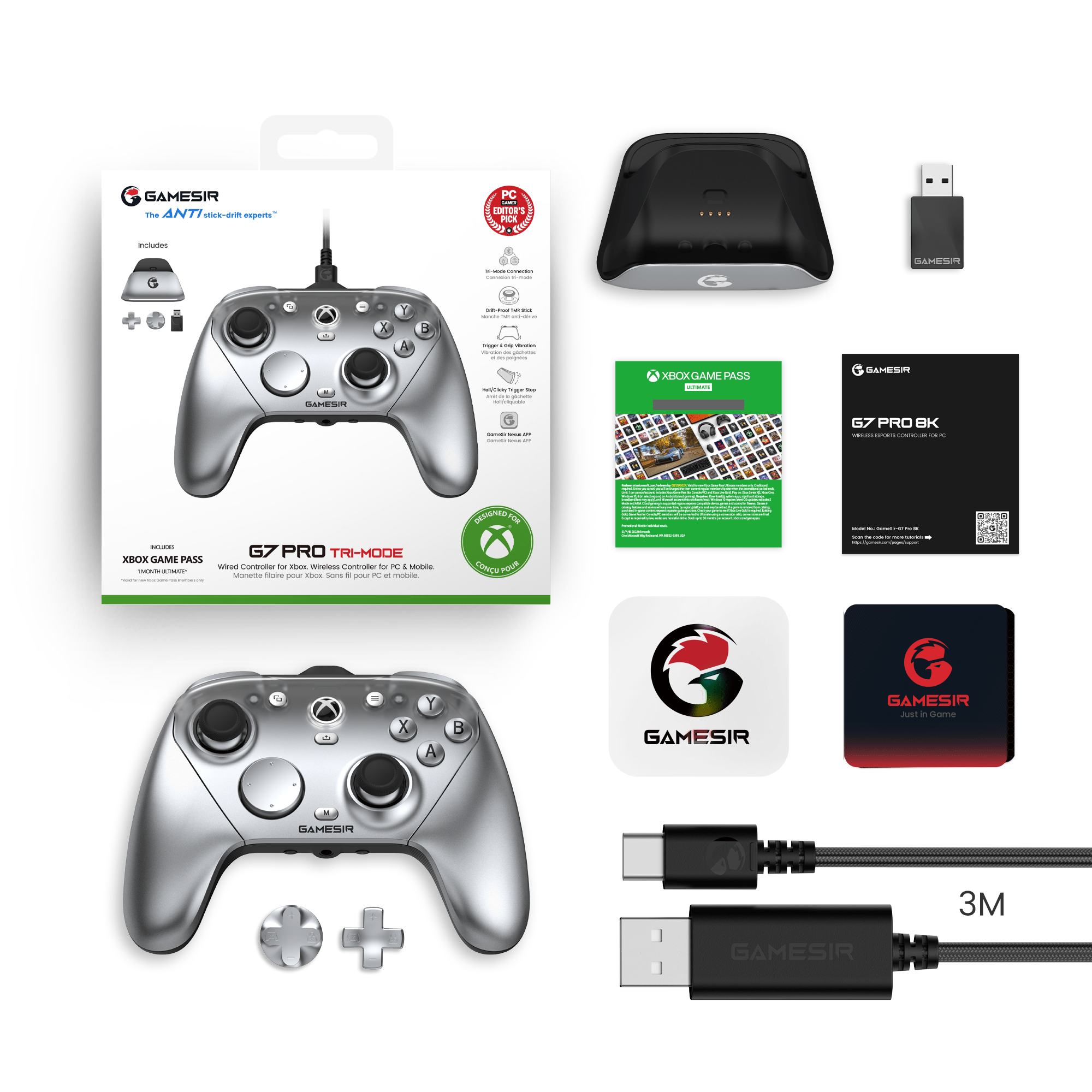 GameSir G7 Pro Tri-Mode Xbox Wired, PC & Mobile Wireless Controller-Metallic Silver - GameSir